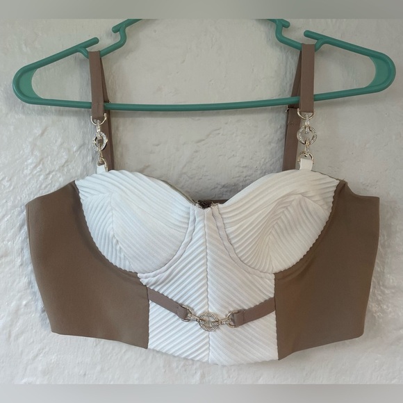 NWT RIVER brown/tan/white corset top with zip back, adjustable straps; size S - Picture 1 of 9